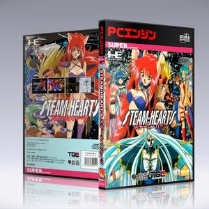 May include: A video game box cover for the Super Nintendo Entertainment System (SNES) game "Steam Hearts". The cover features a group of anime-style characters, including a woman with red hair and a blue bikini top. The game title is written in Japanese and English.