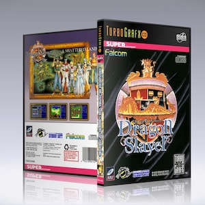 May include: A video game box cover for Dragon Slayer, a Super Falcom game for the TurboGrafx-16. The cover features a dragon and a castle with a red, white, and blue flag.