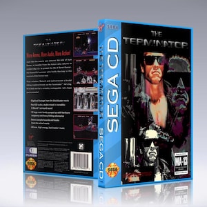 May include: A Sega CD game case for The Terminator. The front of the case features a blue background with the Sega CD logo and the title "The Terminator". The back of the case features a black background with a description of the game and screenshots.