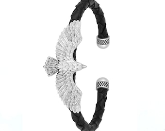 Eagle Black Leather Bracelet, Adjustable Biker Jewelry, Halloween Gift