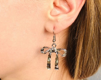 Silver Plated Bow Earrings: Dainty Ribbon Knot, Minimalist Jewelry, Halloween Gift