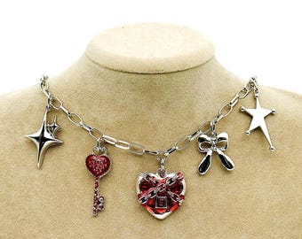 Gothic Heart Key Necklace: Silver Plated Punk Choker