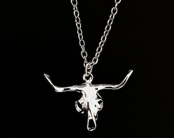 Silver Plated Bull Skull Necklace: Gothic Cowboy Jewelry, Halloween Gift