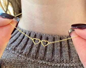 Tiny Double Heart Necklace, Sterling Silver, Lover Jewelry, Halloween Gift