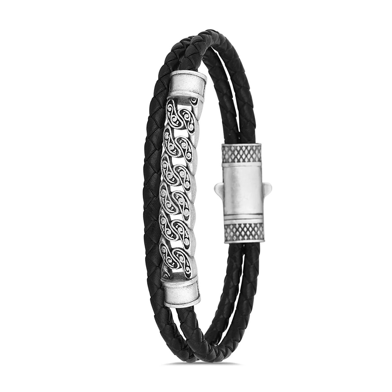 Men's Black Leather Bracelet, Black Leather Braided Jewelry, Biker Dad