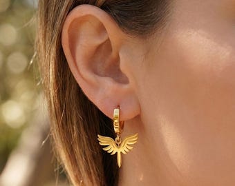 Sterling Silver Angel Wing Hoop Earrings, Religious, Protection, Spiritual Jewelry, Halloween Gift