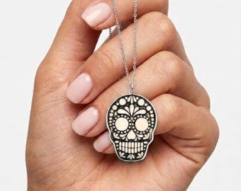 Sugar Skull Necklace, Sterling Silver Skull Pendant, Day of the Dead, Gothic, Halloween, Calavera Jewelry