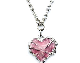 Skeleton Heart Necklace: Silver Plated Pink Enamel, Gothic Y2K