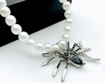 Pearl Spider Choker, Silver Plated Gothic Necklace, Halloween Gift
