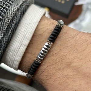 Black and Silver Hematite Mens Zirconia Bracelet, Mens Bracelet Hematite, Adjustable Mens Stone Bracelet, Gift for Him,Xmas Gift,men jewelry