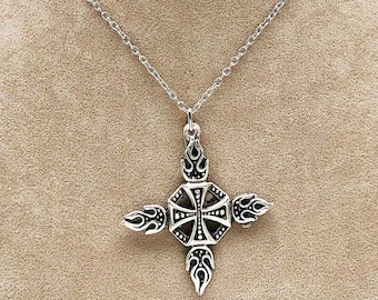 Silver Plated Flame Cross Necklace, Punk Goth Jewelry, Halloween Gift