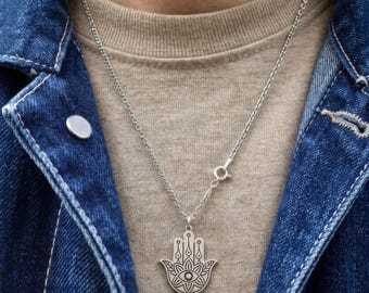 Hamsa Hand Necklace, Sterling Silver, Evil Eye Lotus Flower, Protection Jewelry, Halloween Gift