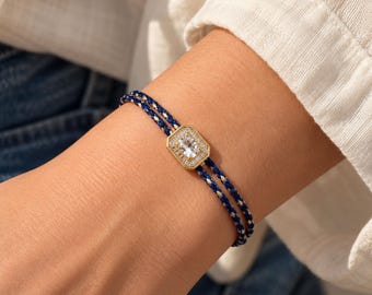Adjustable Baguette Cord Bracelet, Silver Plated & Zircon Stones, Statement, Boho, Tennis Bracelet, Everyday Jewelry