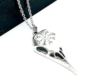 Silver Plated Raven Skull Helm of Awe Necklace: Nordic Goth Pendant