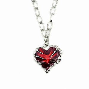 Small Skeleton Necklace, Silver Plated Metalwork Red Heart Enamel Pendant, Gotic, Punk, Grunge, Y2k, Mothers Day Gifts