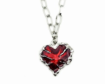 Small Skeleton Necklace, Silver Plated Metalwork Red Heart Enamel Pendant, Gotic, Punk, Grunge, Y2k, Mothers Day Gifts