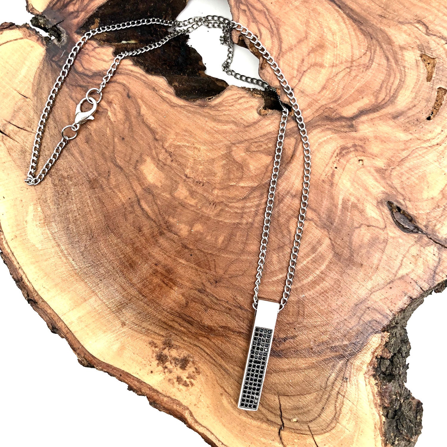 Men's Bar Necklace, Cubic Zirconia, Groomsmen Gift, Men's Rectangle Pendant, Gift for Him