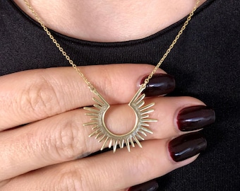 Sunburst Charm Necklace, Sterling Silver, Minimalist Celestial Jewelry, Halloween Gift