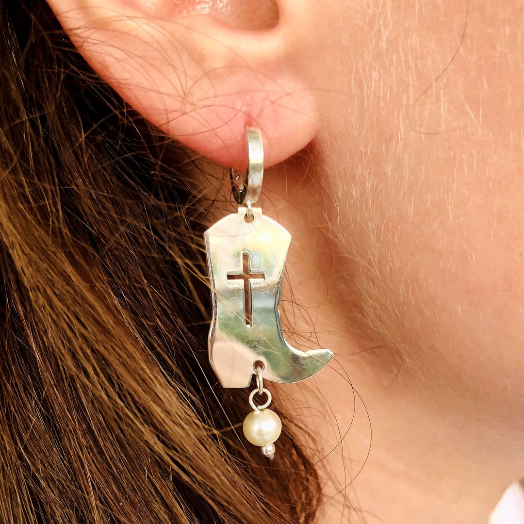 Cowprint cowboy boot earring with Austrian crystal