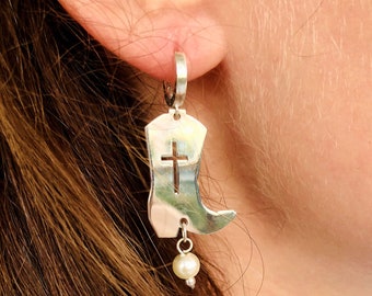 Sterling Silver Cowboy Boot Earrings: Cross & Pearl Western Jewelry, Halloween Gift