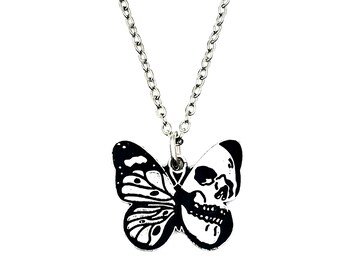 Butterfly Skull Silver Plated Pendant - Gothic Grunge Y2K Necklace, Halloween Gift