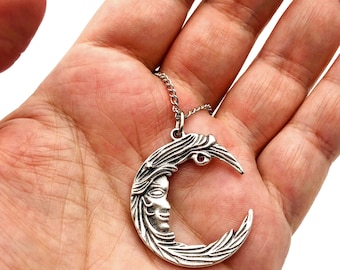 Silver Plated Crescent Moon Face Necklace, Y2k Goth Pendant, Halloween Gift