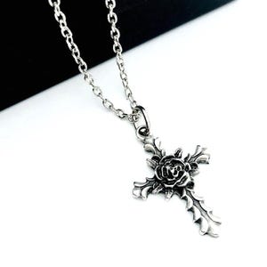 Silver Plated Rose Cross Necklace: Goth Y2k Christian Jewelry