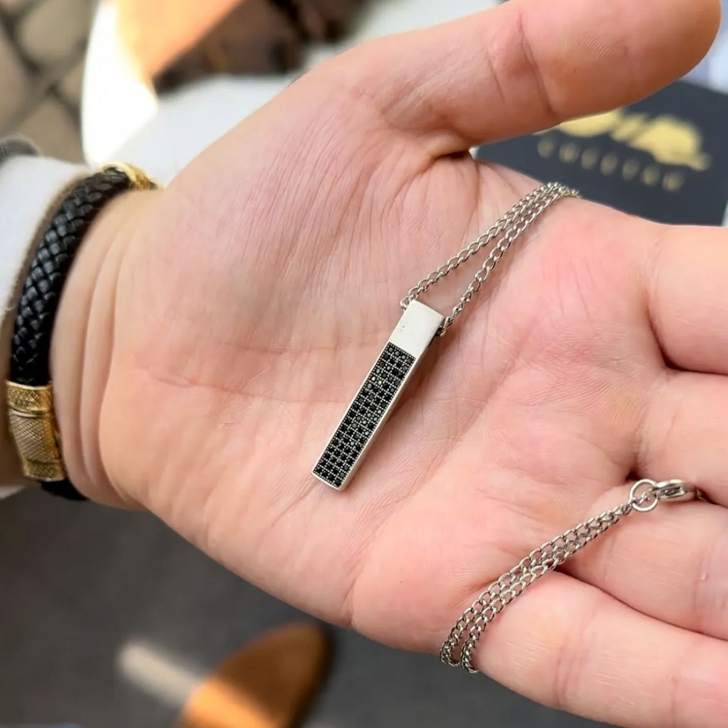 Men's Bar Necklace, Cubic Zirconia, Groomsmen Gift, Men's Rectangle Pendant, Gift for Him