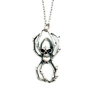 Oxidized Silver Plated Skeleton Spider Necklace: Gothic Biker Jewelry