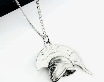 Antique Silver Plated Spartan Helmet Necklace, Warrior Pendant, Halloween Gift