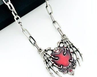 Gothic Skeleton Hands Necklace, Silver Plated Y2K Heart Pendant, Halloween Gift
