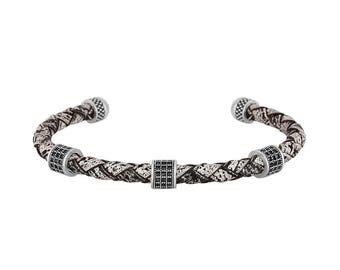 Braided Leather Cuff Bracelet with Pave Black Zircon Stones, Biker Style Wristband