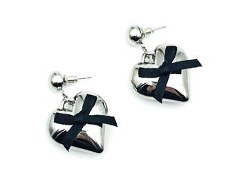 Silver Plated Heart Drop Earrings with Black Ribbon, Halloween Gift