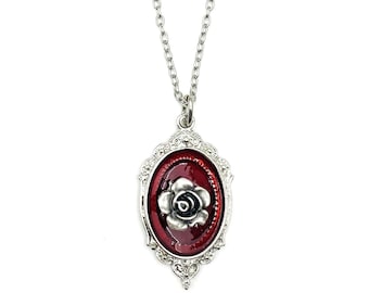 Red Enamel Rose Necklace, Antique Silver Gothic Medallion, Halloween Gift