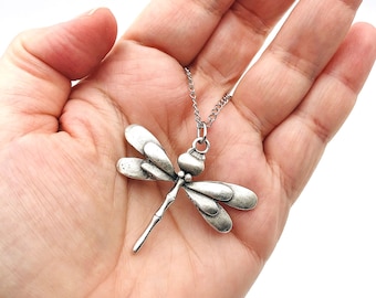 Antique Silver Plated Dragonfly Necklace, Goth, Punk, Y2k Charm, Halloween Gift
