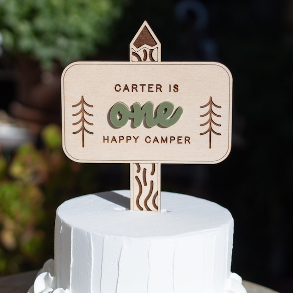 Custom One Happy Camper First Birthday Cake Topper, Personalized National Park Theme, Outdoor Adventure 1st Birthday Smash Cake Decor Unique