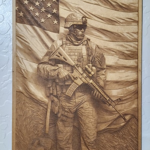 3D Illusion Soldier and Flag laser engraved wood sign