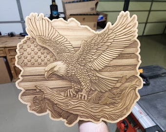 3D Illusion Eagle and Flag laser engraved wood sign