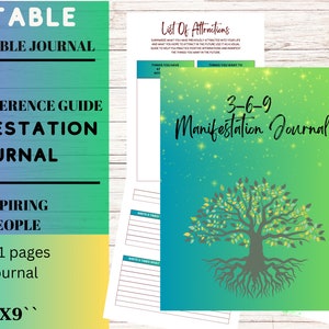 May include: A printable 3-6-9 manifestation journal with a green and blue cover featuring a tree with roots and a starry background. The journal has 21 pages and is 6x9 inches.