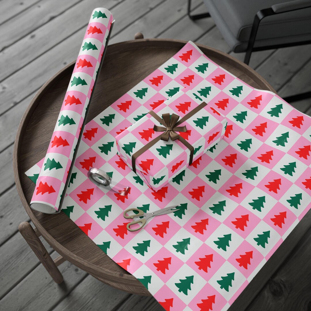 Pink Christmas Wrapping Paper | Red & Green Christmas Tree Gift Wrap ...