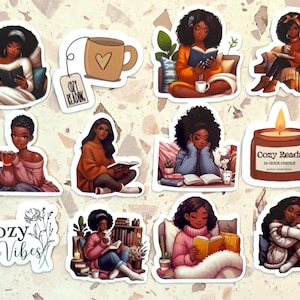 12 STICKER PACK- Black Woman Reading Sticker | Book Lover Gift | Bookish Sticker | Journal & Planner Decor |Black Girl Kindle Sticker
