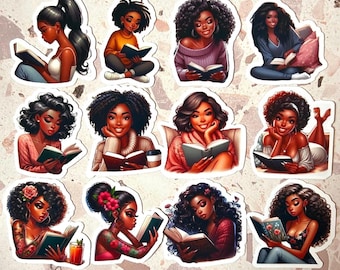 Black Girl Reading Sticker Pack, Melanin Queens Book Lover Journal Stickers