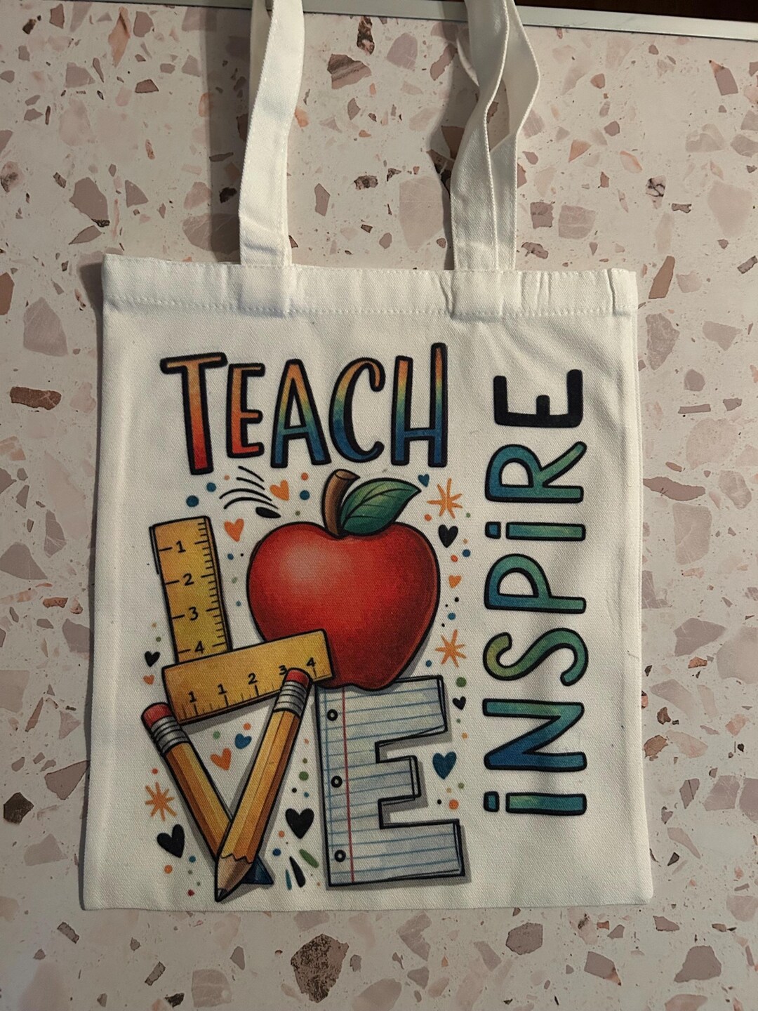 Teach Love Inspire Teacher Tote Bag | Classroom Apple Pencil Ruler ...