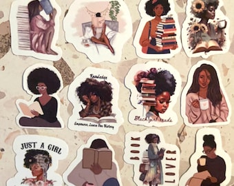 12 STICKER PACK- Black Woman Reading Sticker  |Black Girl Kindle Sticker