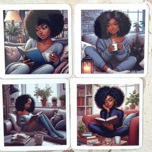 12 STICKER PACK- Black Woman Reading Sticker |Black Girl Kindle Sticker |  size 2.1 x 2.1