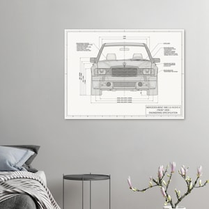 Puede incluir: Plano técnico en blanco y negro de un Mercedes-Benz 190E 2.5-16 EVO II, vista frontal. El dibujo detallado incluye medidas y etiquetas. La parte delantera del coche, incluidos los faros, la parrilla y el parachoques, está claramente representada.