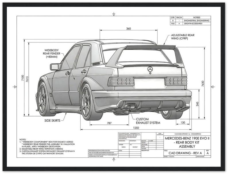 Evo Rear Drawing Basic Mercedes-benz 190E EVO II CAD Drawing Framed Poster, Automotive Art - Etsy