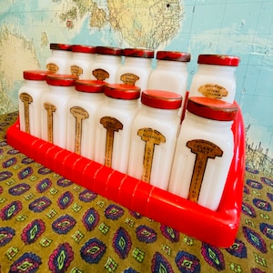 Vintage Art Deco Griffiths Spice Rack: Milk Glass Jars, Red Lids