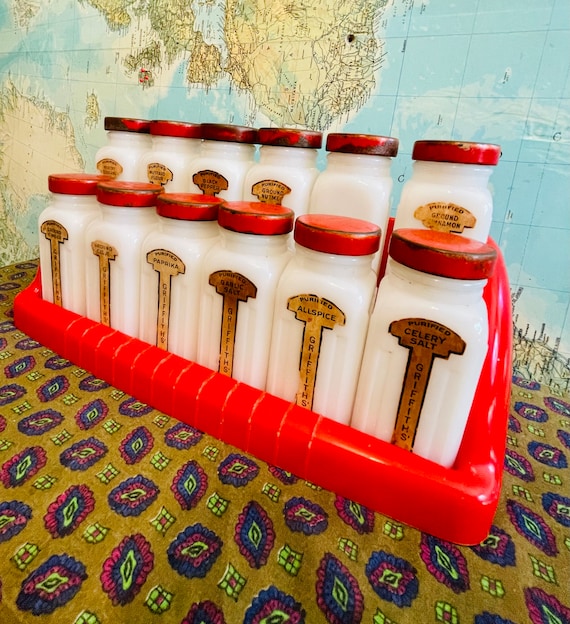 Vintage Art Deco Complete Griffiths Spice Rack W 12 Milk Glass Jars With Red Lids and Red Plastic Spice Shelf Etsy Australia