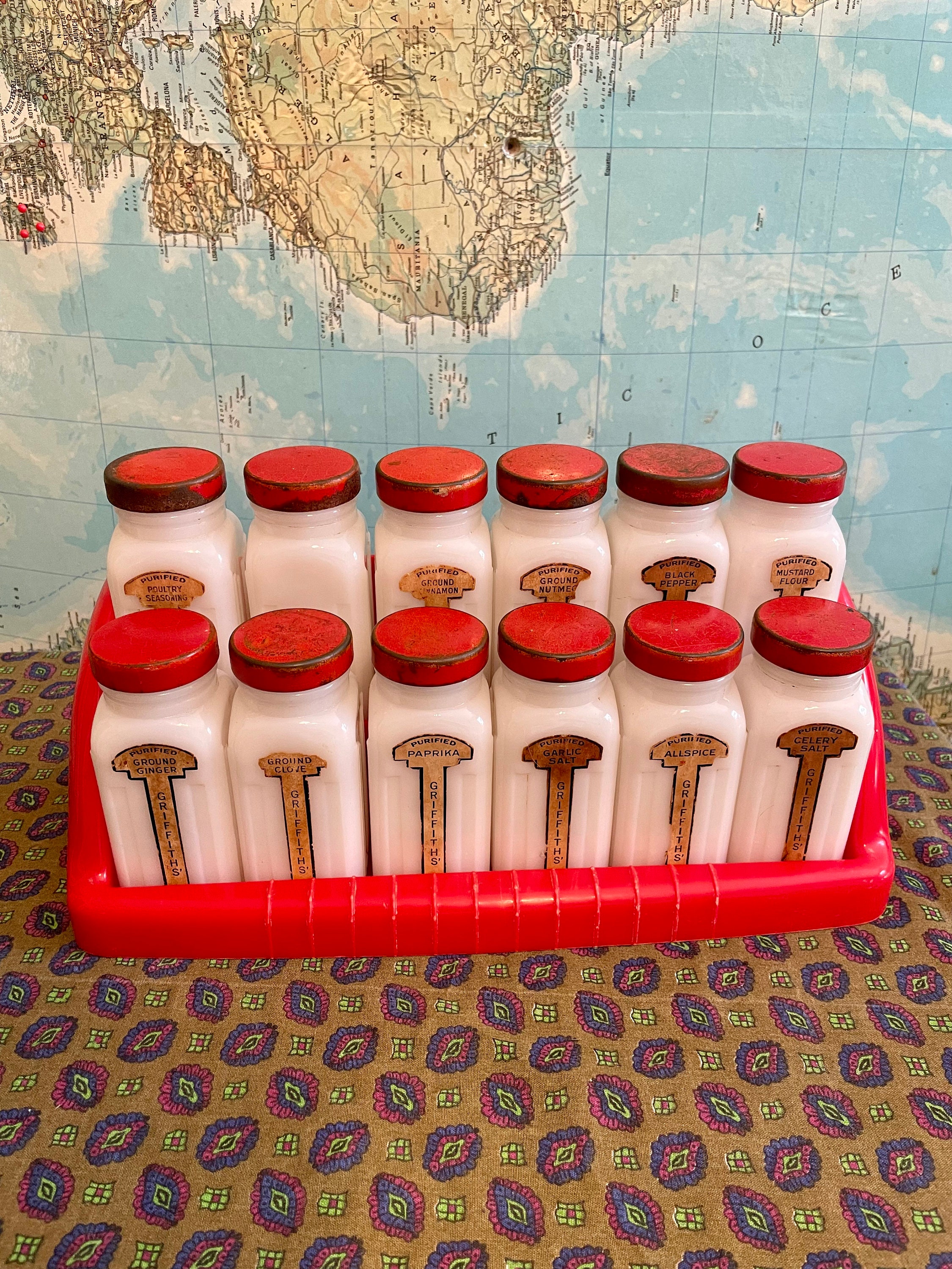 Vintage Art Deco Griffiths Spice Rack: Milk Glass Jars, Red Lids